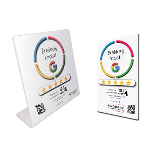 1 - Google értékelésgyűjtő NFC állvány + NFC kártya QR kóddal és ajándék nyakbaakasztóval