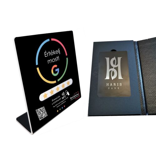 3 - Google értékelésgyűjtő NFC állvány (fekete) + fém, egyedileg gravírozott NFC kártya QR kóddal