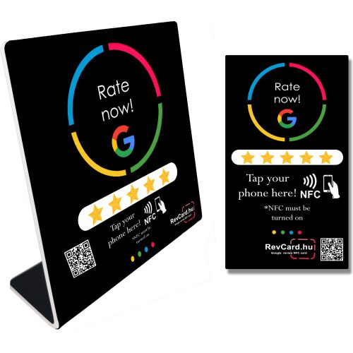 6 - Google értékelésgyűjtő NFC állvány + NFC kártya QR kóddal és ajándék nyakbaakasztóval - fekete - angol