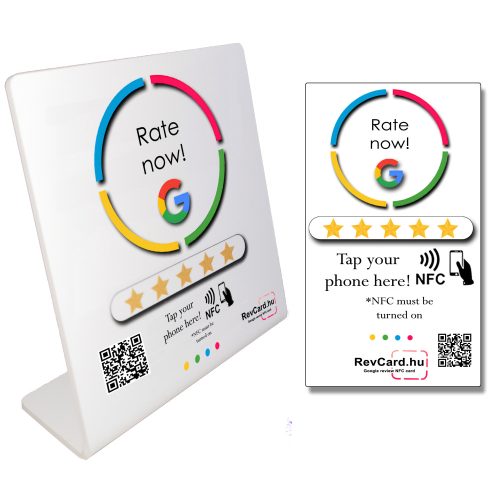 7 - Google értékelésgyűjtő NFC állvány + NFC kártya QR kóddal és ajándék nyakbaakasztóval - fehér - angol