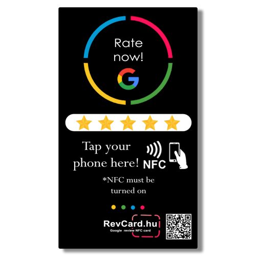 5 - Google értékelésgyűjtő NFC kártya QR kóddal és ajándék nyakbaakasztóval - fekete - angol